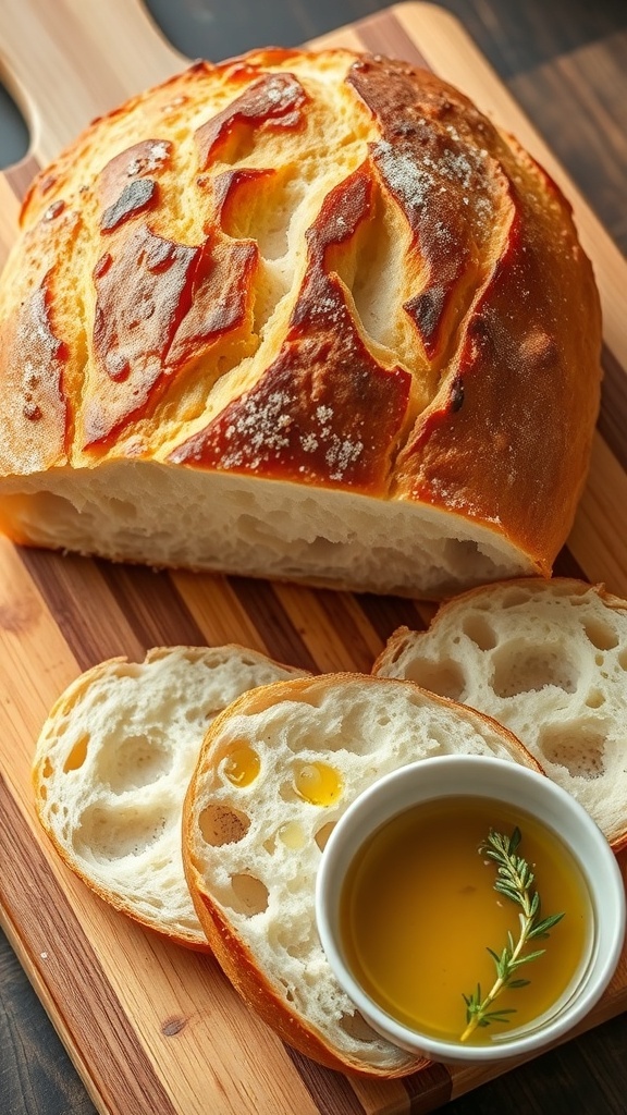 Artisan Bread Recipe for Bread Machine A golden crusted artisan bread loaf on a cutting board with slices cut, accompanied by olive oil and herbs.